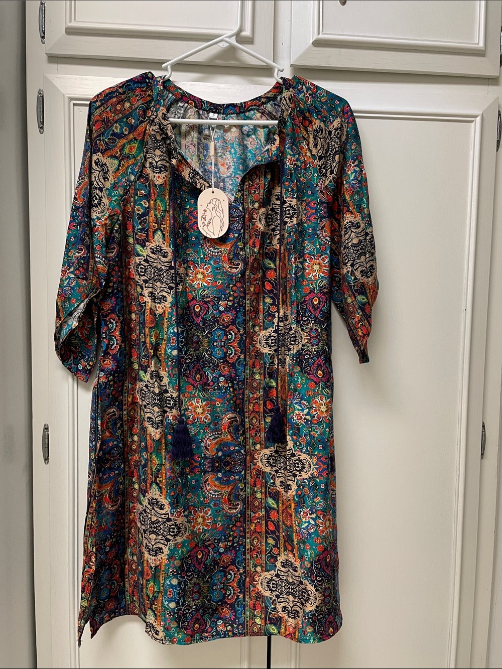Boho Floral Print Tassel Dress or Cover-Up - Teal Multicolor